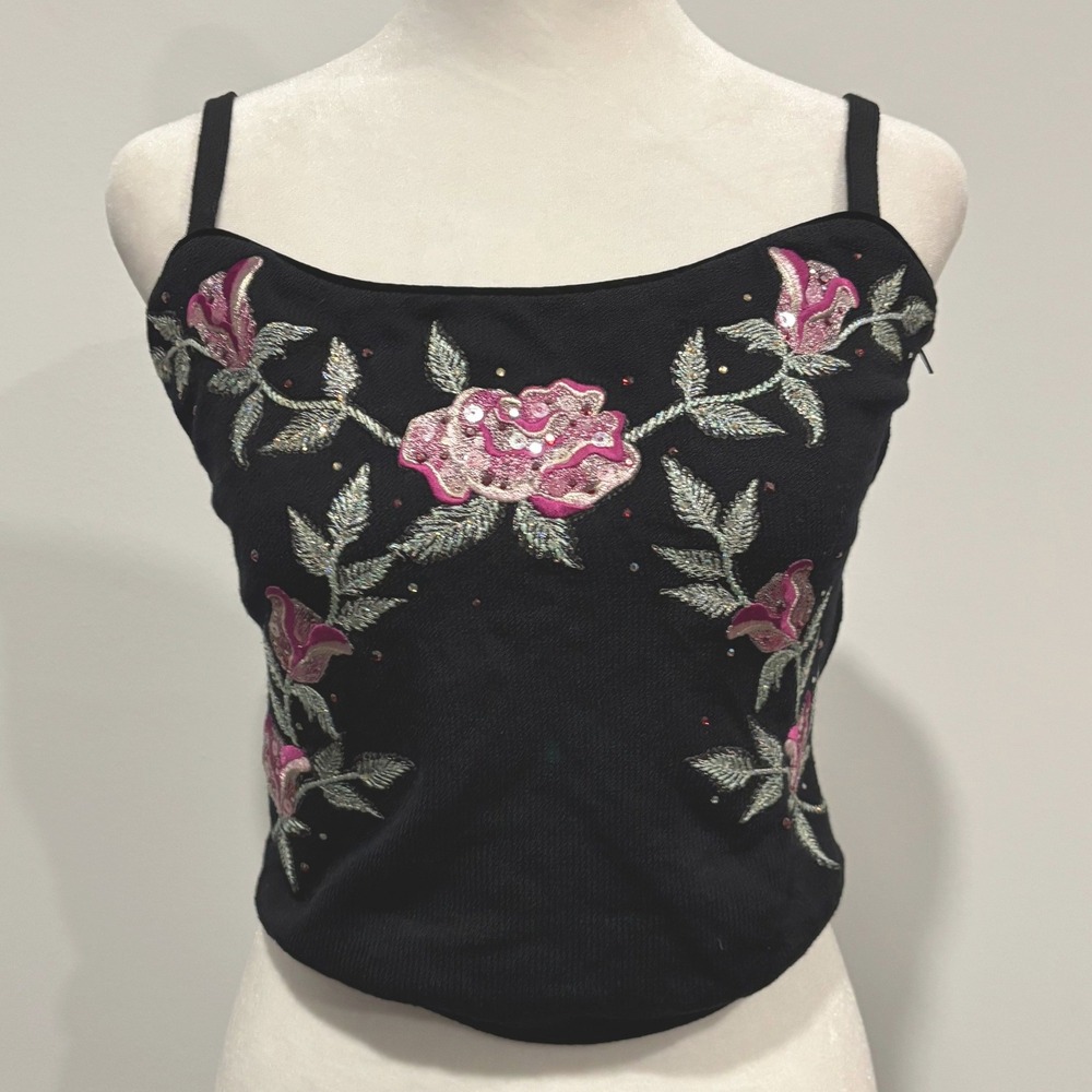 St John Cami Top XS/S Petite Floral Embroidered Sequin Knit Coquette Luxe 21490